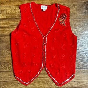 Jenny ~ Vintage ~ Large (40) ~ Red Embroidery W/ Floral Sequins ~ Vest